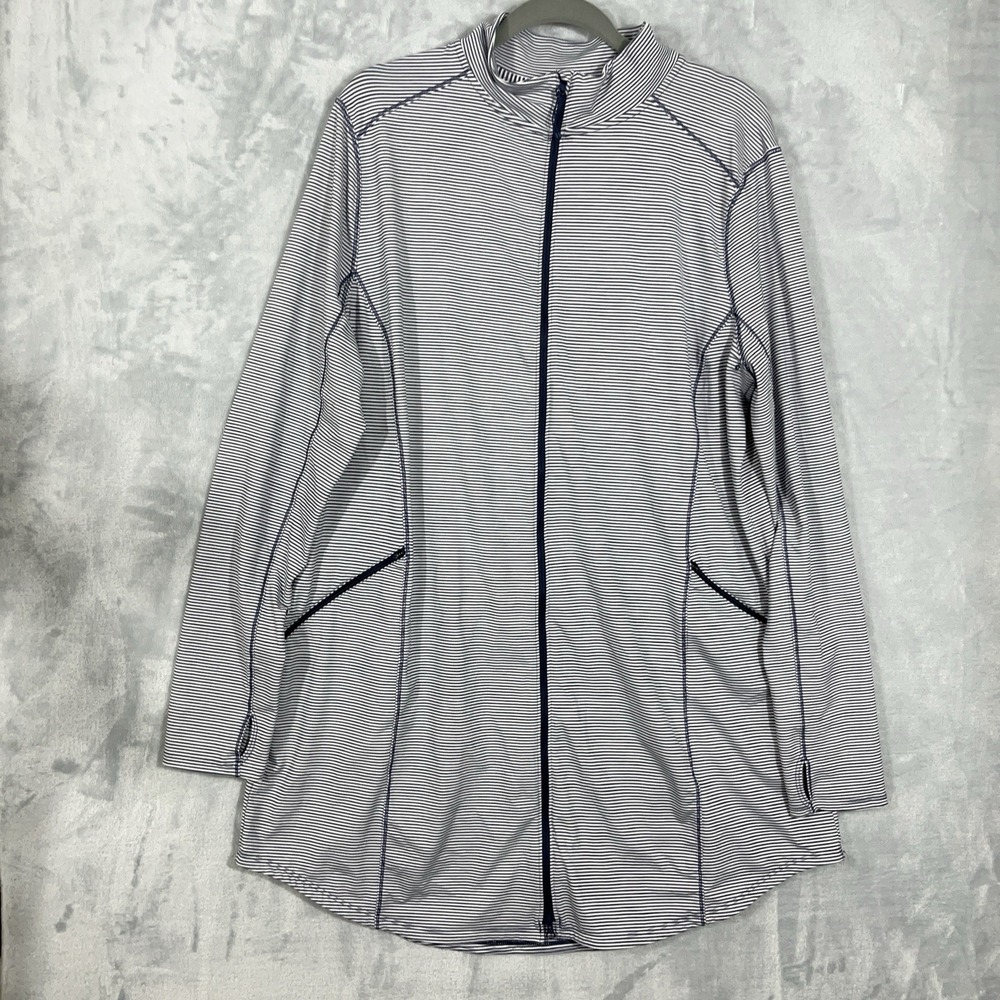 Duluth Trading Womens Athleisure Navy Blue Stripe Pier Genius Full Zip Tunic XXL